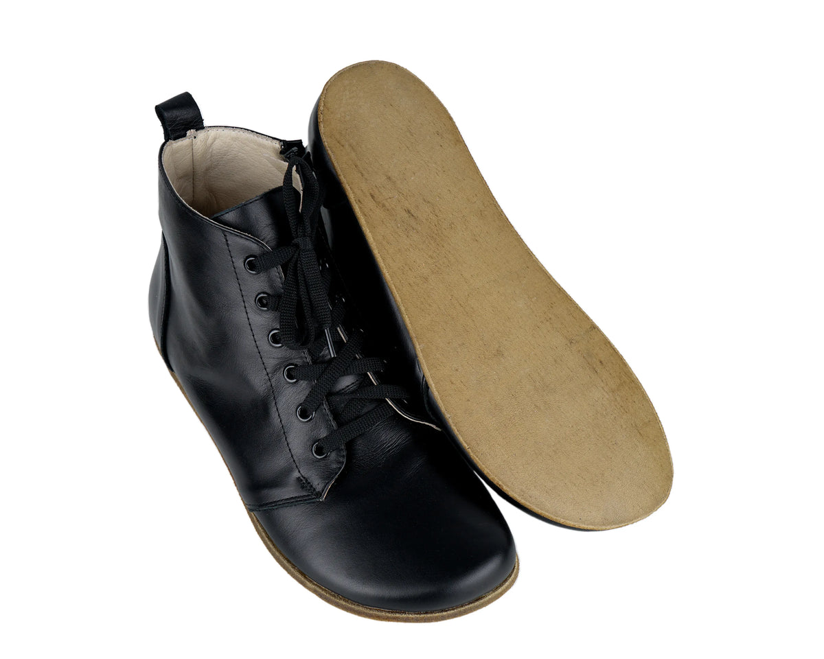 Smooth Barefoot Laces Short Boots Shoes – Classic Sole — Leather Sole – Black