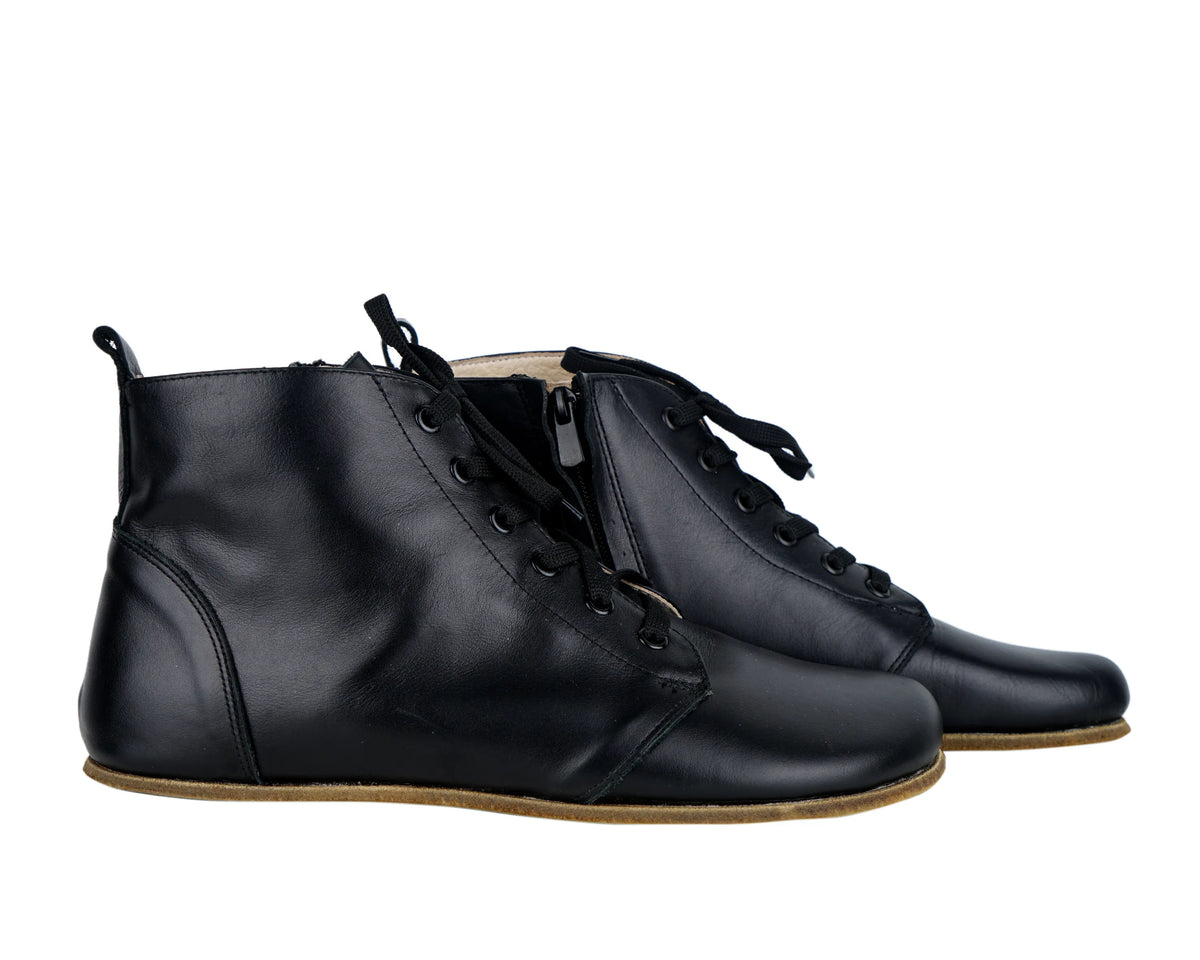 Smooth Barefoot Laces Short Boots Shoes – Classic Sole — Leather Sole – Black