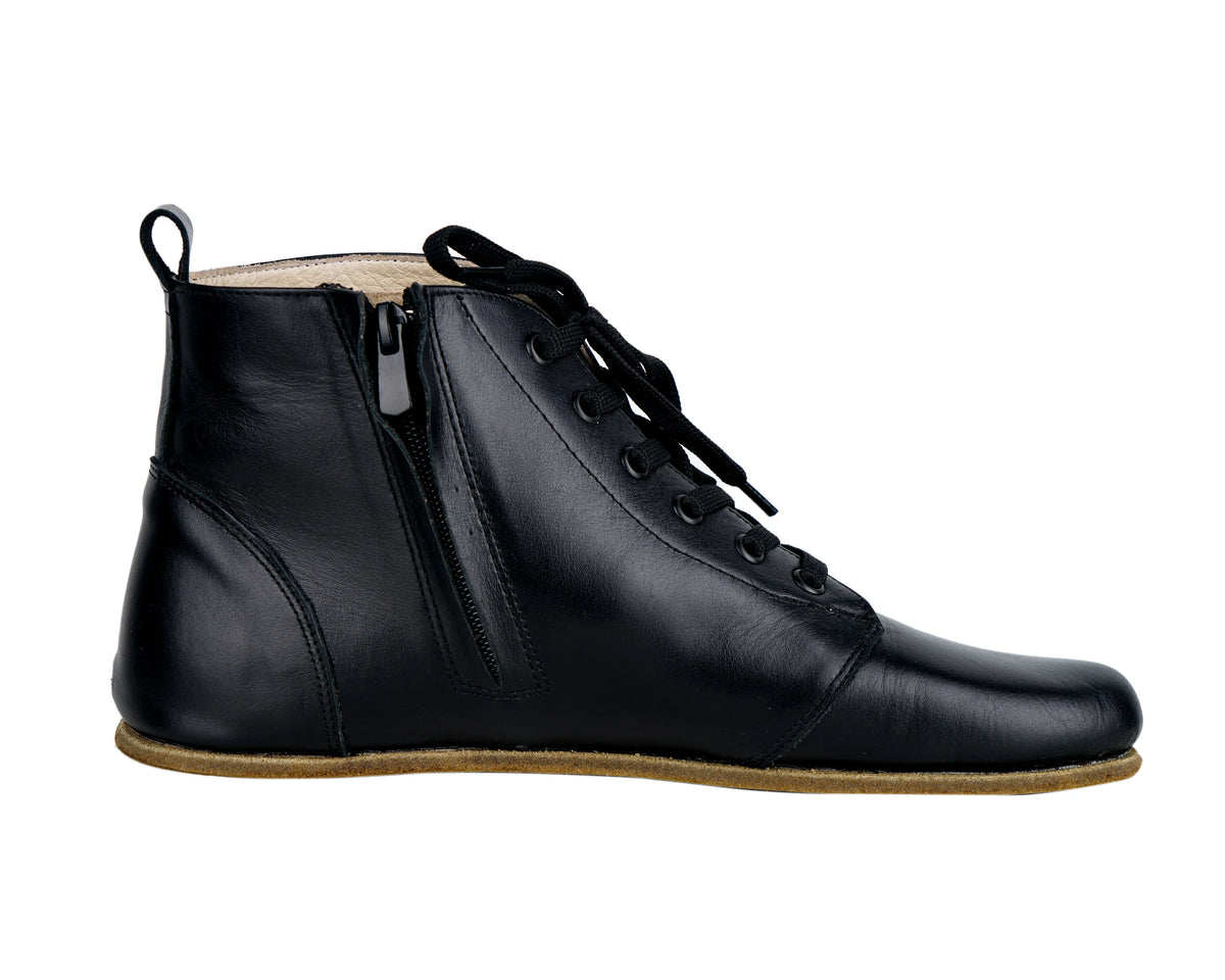 Smooth Barefoot Laces Short Boots Shoes – Classic Sole — Leather Sole – Black