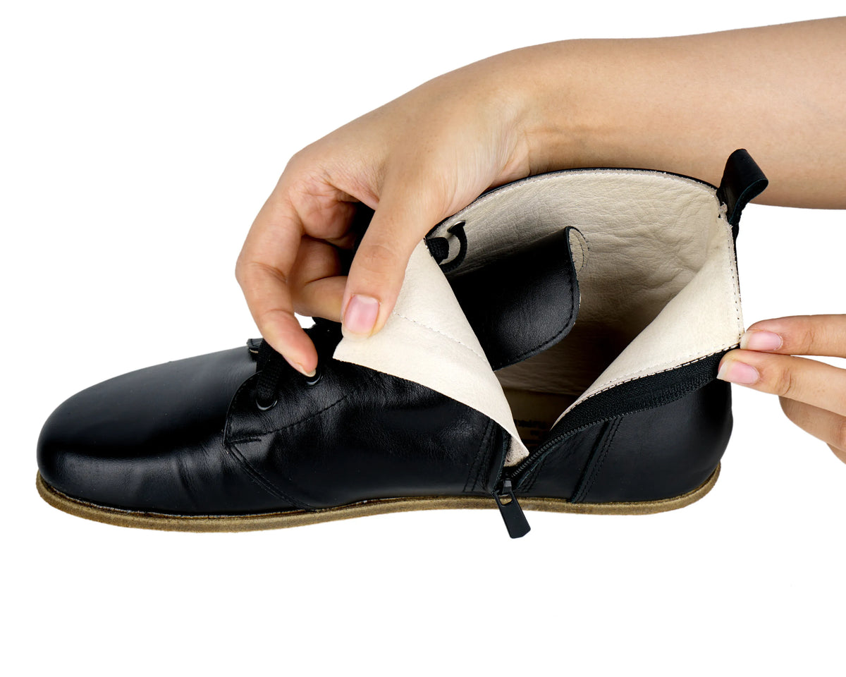 Smooth Barefoot Laces Short Boots Shoes – Classic Sole — Leather Sole – Black