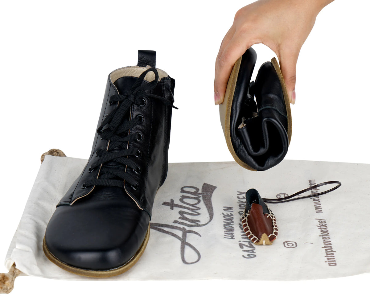 Smooth Barefoot Laces Short Boots Shoes – Classic Sole — Leather Sole – Black