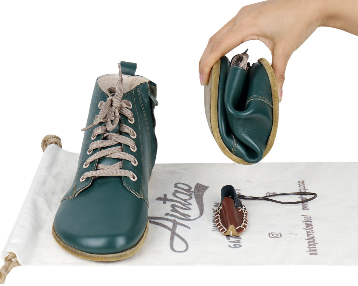 Smooth Barefoot Laces Short Boots Shoes – Classic Sole — Leather Sole – Green