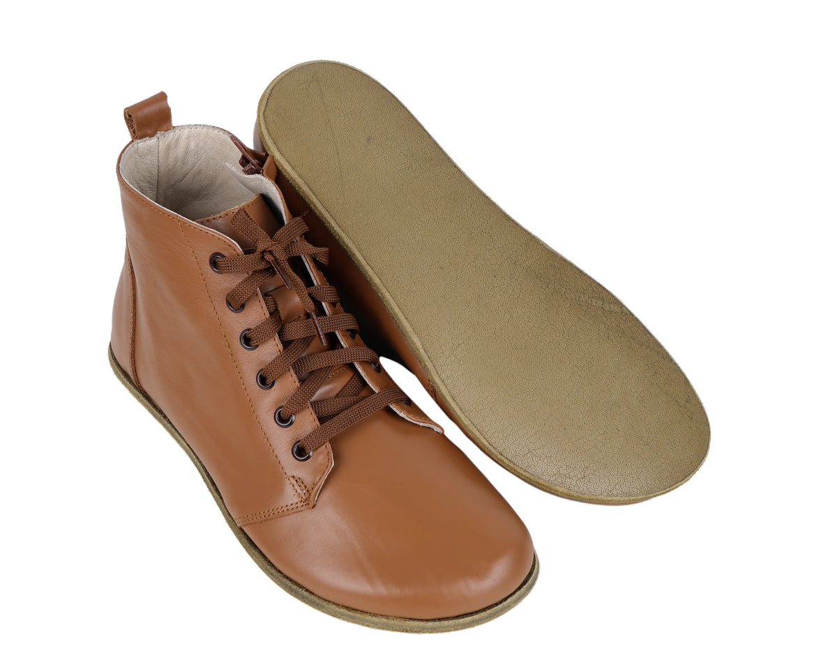Smooth Barefoot Laces Short Boots Shoes – Classic Sole — Leather Sole – Tan