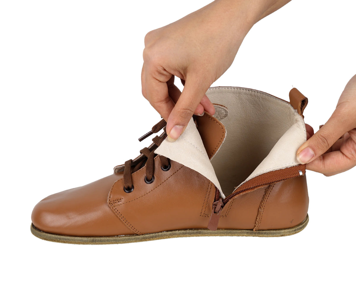 Smooth Barefoot Laces Short Boots Shoes – Classic Sole — Leather Sole – Tan