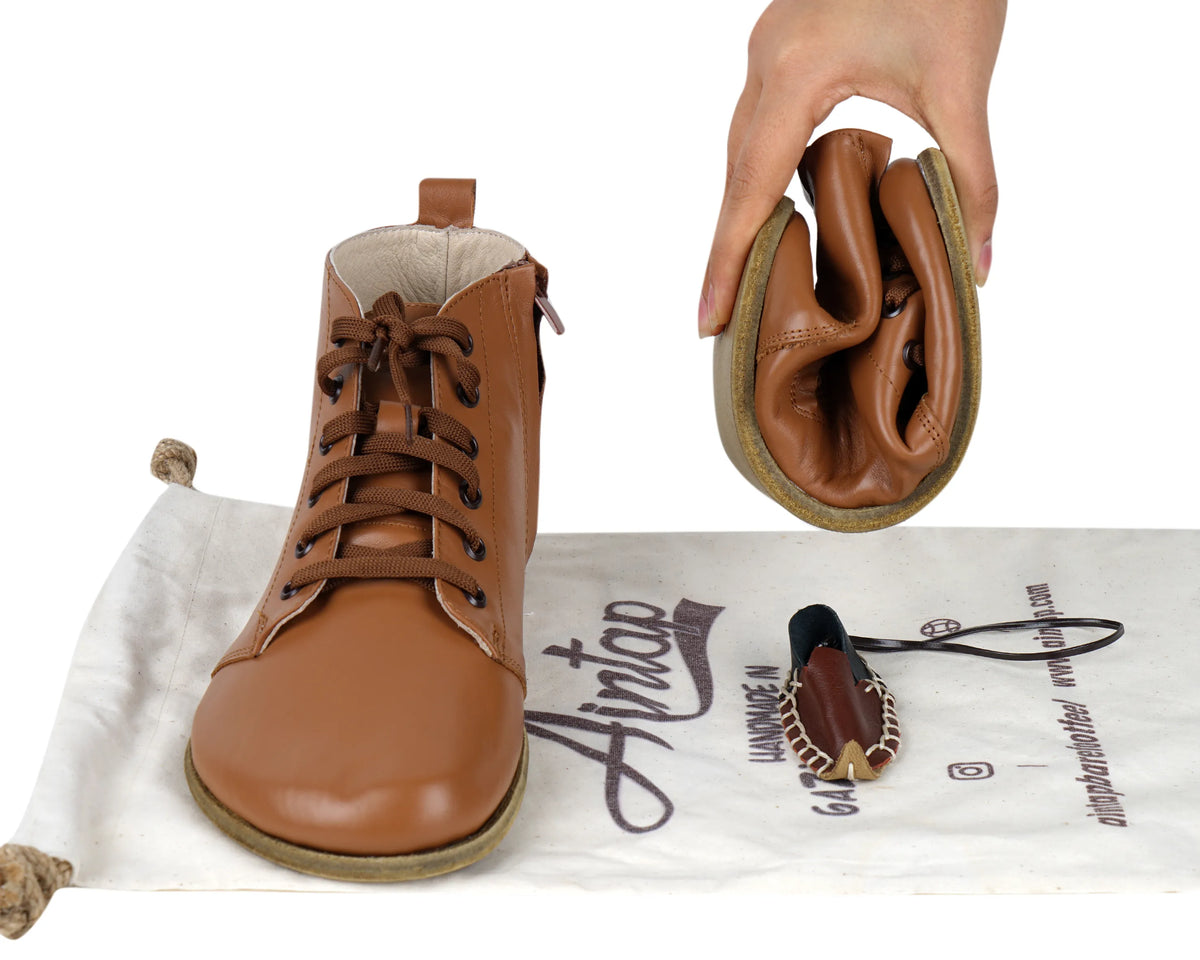 Smooth Barefoot Laces Short Boots Shoes – Classic Sole — Leather Sole – Tan