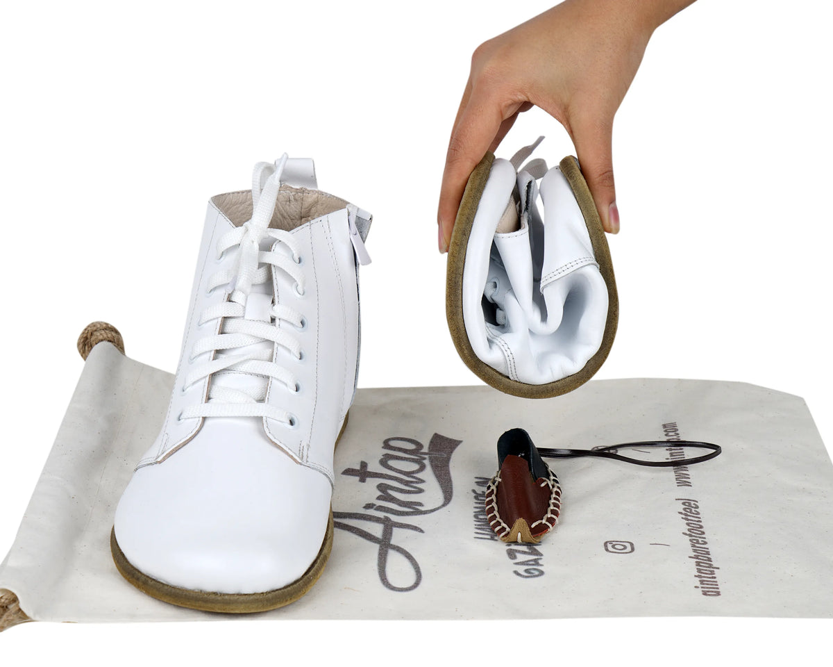 Smooth Barefoot Laces Short Boots Shoes – Classic Sole — Leather Sole – White