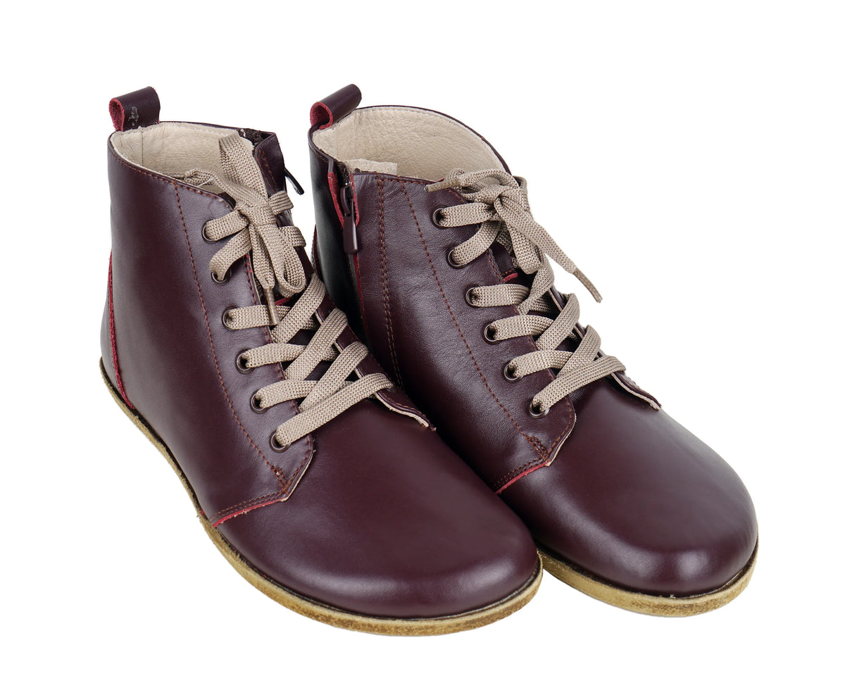 Smooth Barefoot Laces Short Boots Shoes – Classic Sole — Leather Sole – Burgundy