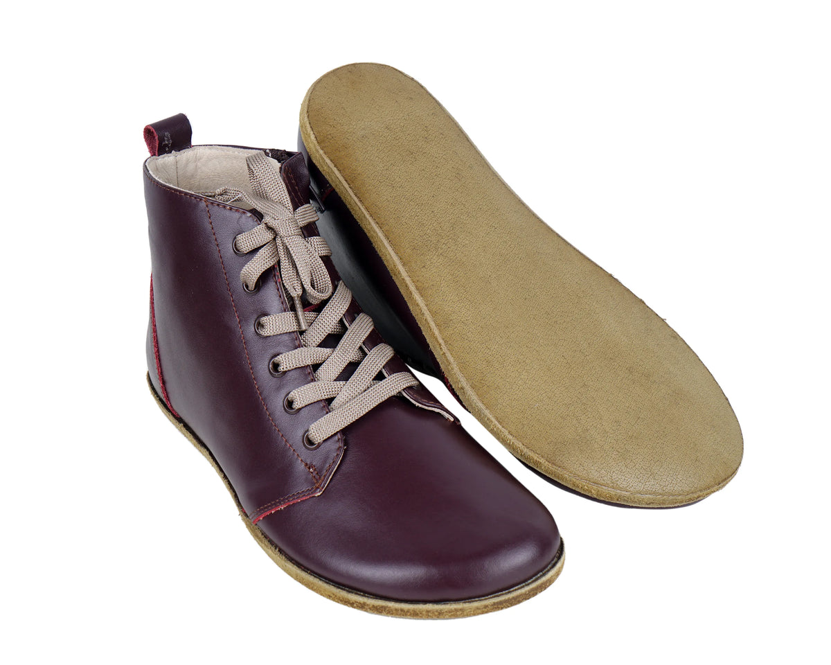 Smooth Barefoot Laces Short Boots Shoes – Classic Sole — Leather Sole – Burgundy