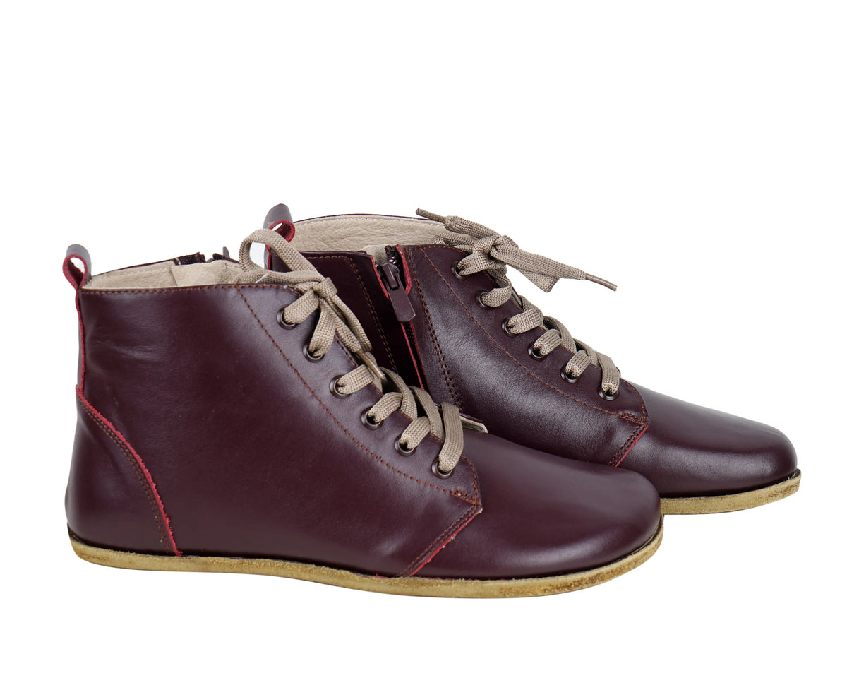 Smooth Barefoot Laces Short Boots Shoes – Classic Sole — Leather Sole – Burgundy