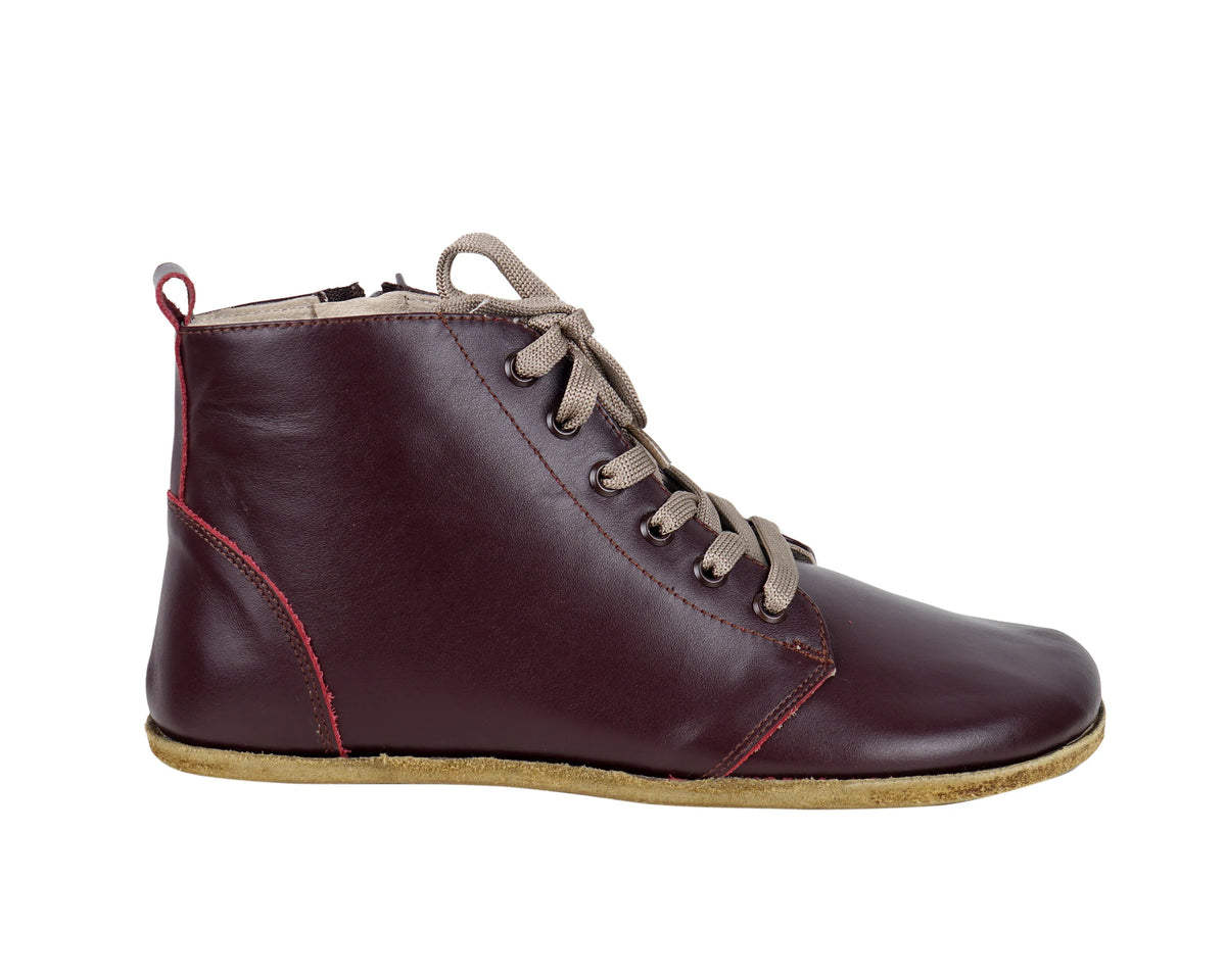Smooth Barefoot Laces Short Boots Shoes – Classic Sole — Leather Sole – Burgundy