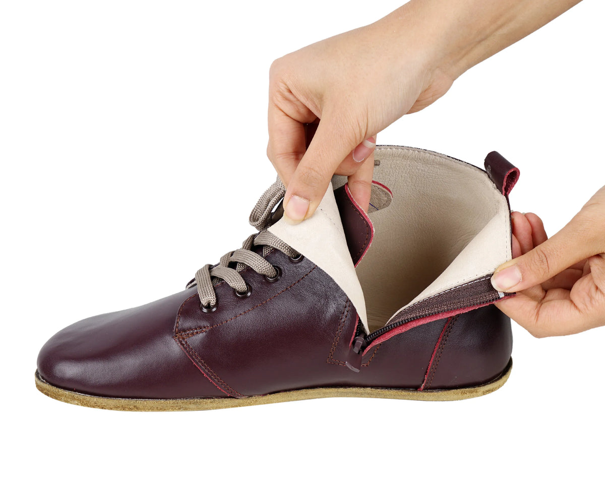 Smooth Barefoot Laces Short Boots Shoes – Classic Sole — Leather Sole – Burgundy