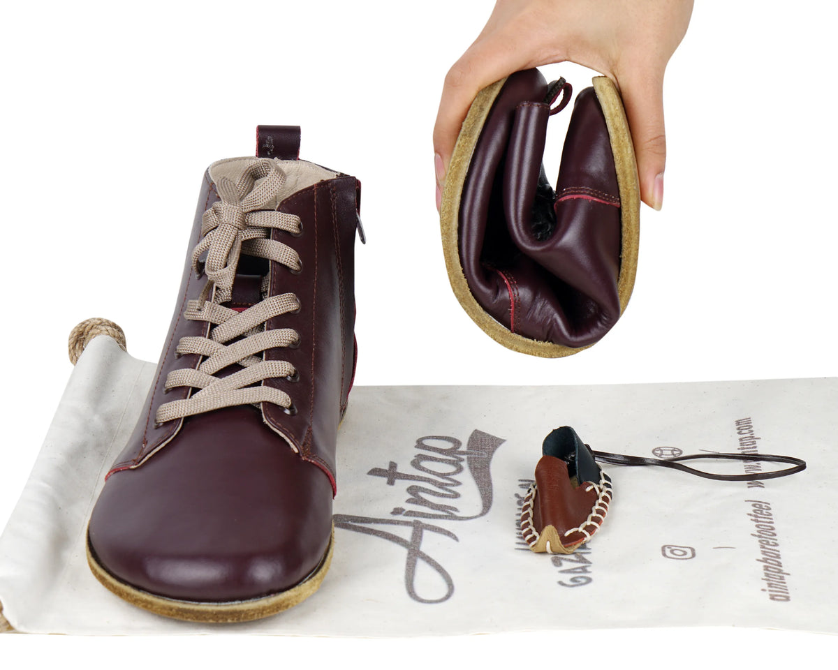Smooth Barefoot Laces Short Boots Shoes – Classic Sole — Leather Sole – Burgundy