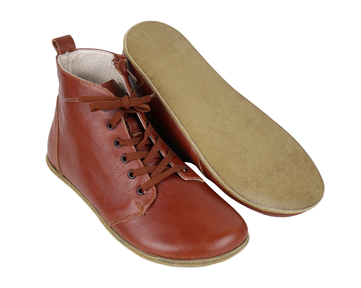 Smooth Barefoot Laces Short Boots Shoes – Classic Sole — Leather Sole – Brown