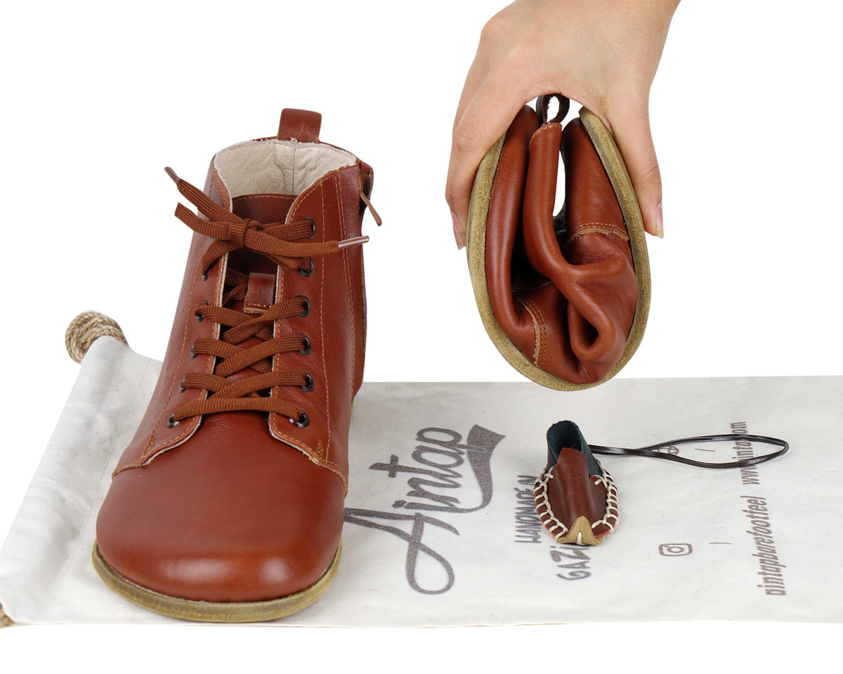 Smooth Barefoot Laces Short Boots Shoes – Classic Sole — Leather Sole – Brown