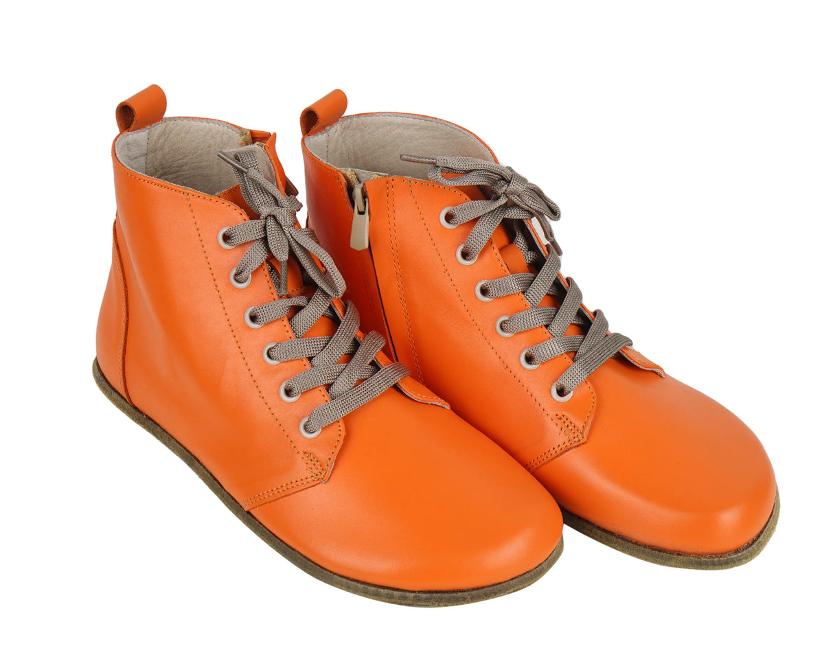 Smooth Barefoot Laces Short Boots Shoes – Classic Sole — Leather Sole – Orange
