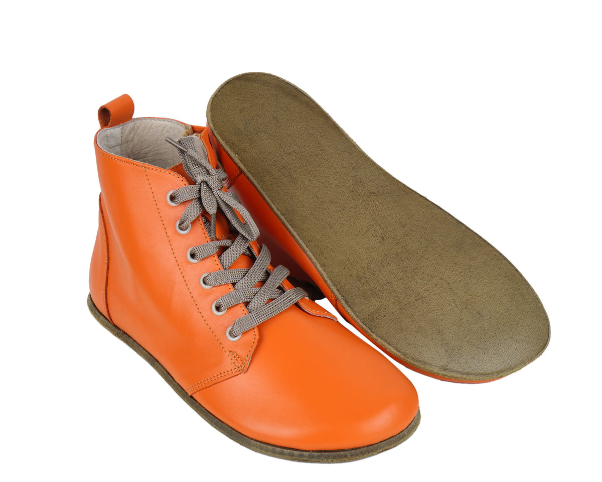 Smooth Barefoot Laces Short Boots Shoes – Classic Sole — Leather Sole – Orange