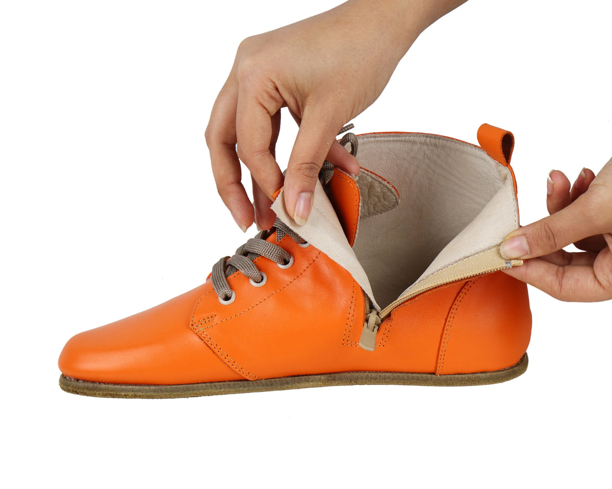Smooth Barefoot Laces Short Boots Shoes – Classic Sole — Leather Sole – Orange