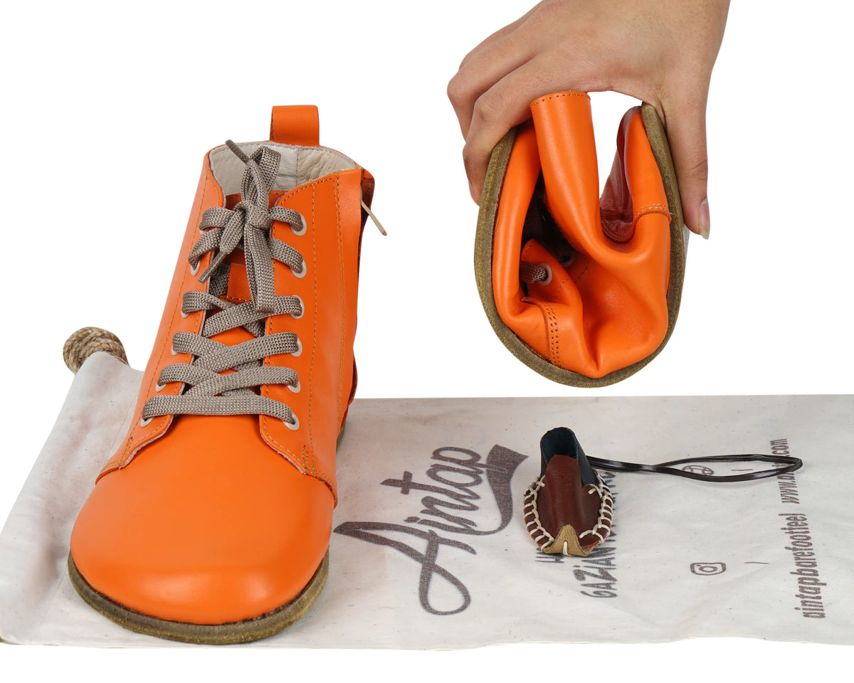 Smooth Barefoot Laces Short Boots Shoes – Classic Sole — Leather Sole – Orange