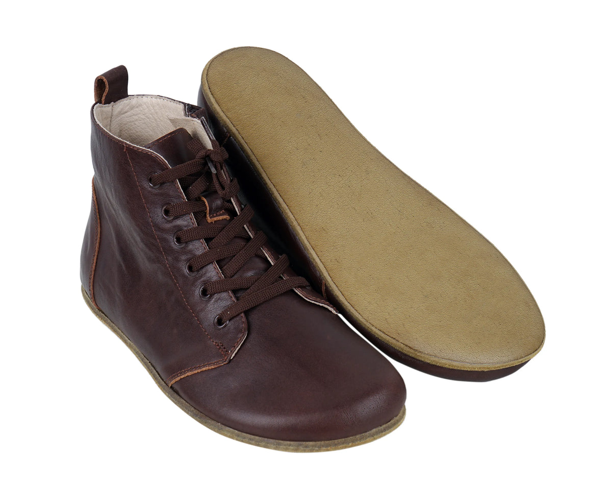 Smooth Barefoot Laces Short Boots Shoes – Classic Sole — Leather Sole – Dark Brown