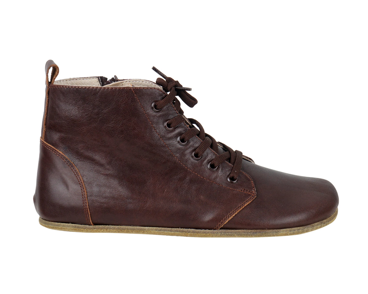 Smooth Barefoot Laces Short Boots Shoes – Classic Sole — Leather Sole – Dark Brown