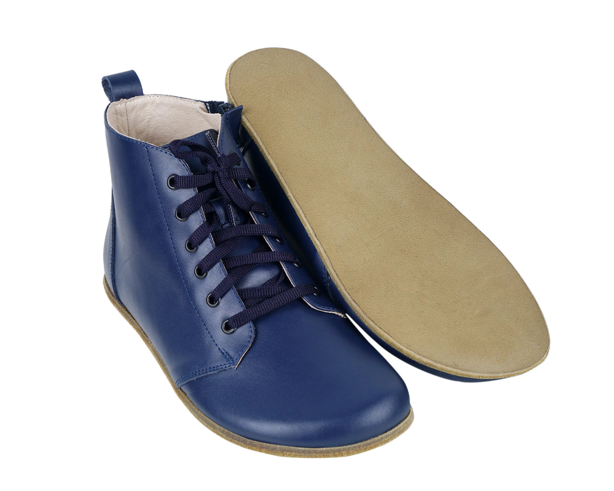 Smooth Barefoot Laces Short Boots Shoes – Classic Sole — Leather Sole – Navy Blue