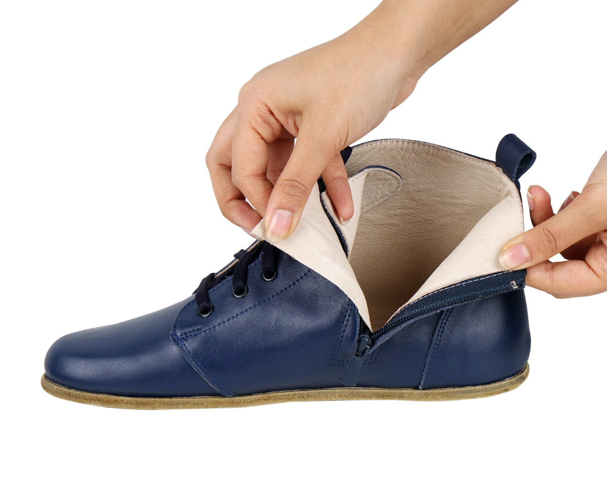 Smooth Barefoot Laces Short Boots Shoes – Classic Sole — Leather Sole – Navy Blue