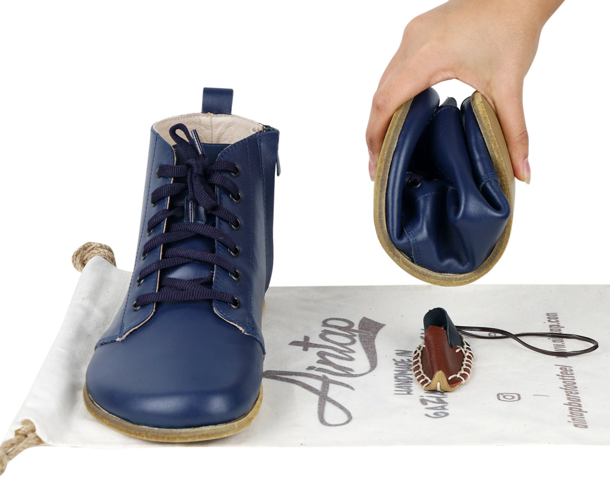 Smooth Barefoot Laces Short Boots Shoes – Classic Sole — Leather Sole – Navy Blue