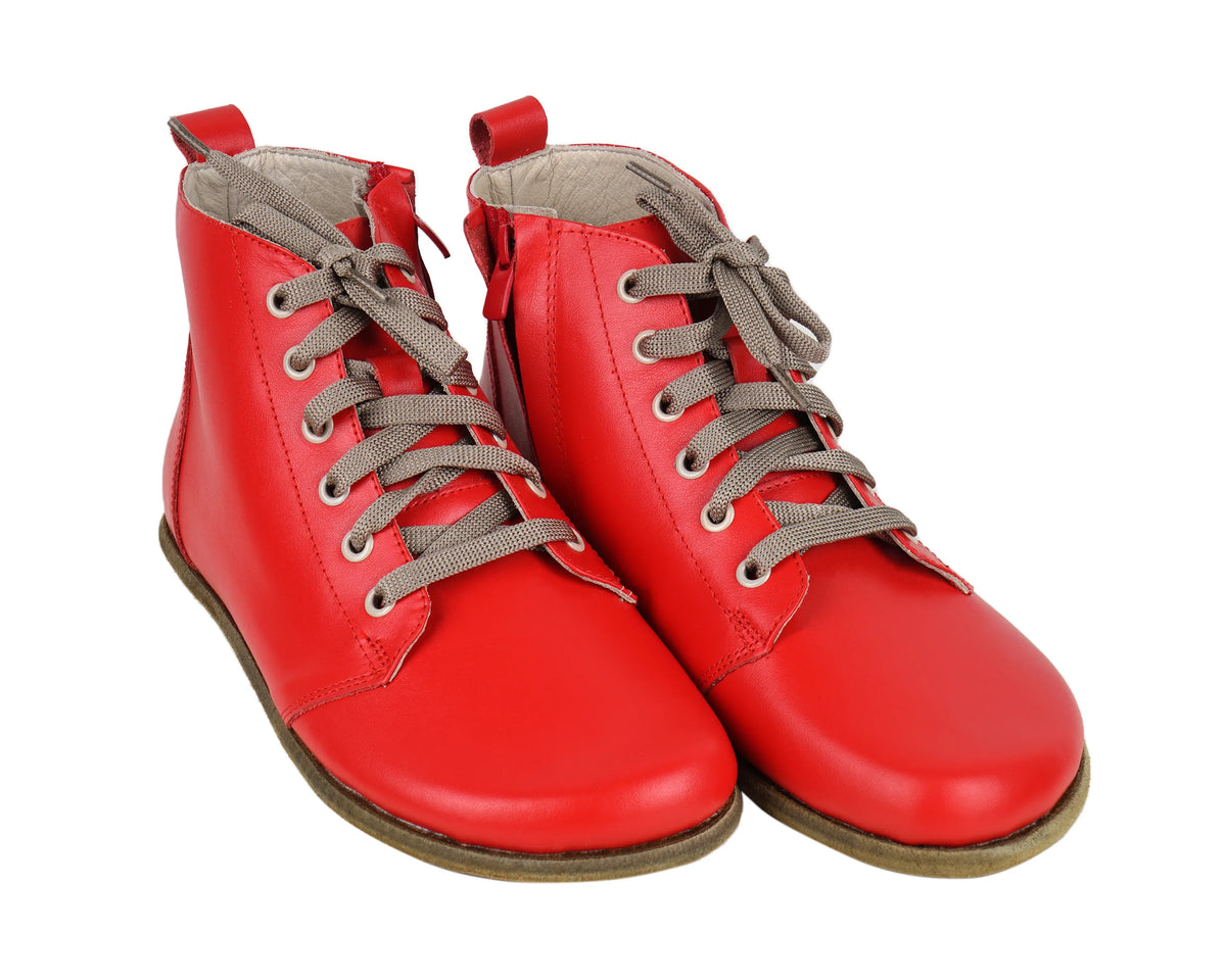 Smooth Barefoot Laces Short Boots Shoes – Classic Sole — Leather Sole – Red