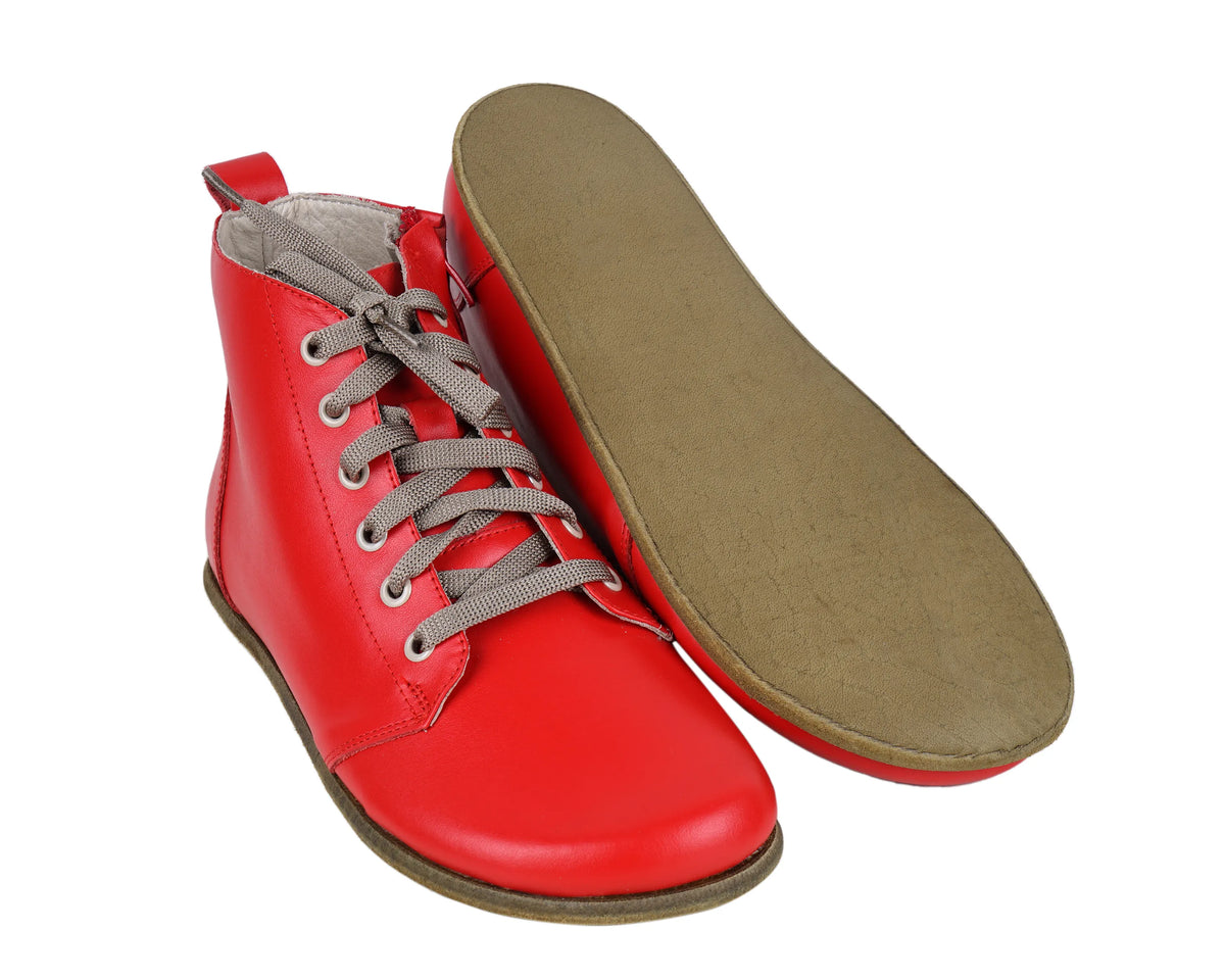 Smooth Barefoot Laces Short Boots Shoes – Classic Sole — Leather Sole – Red