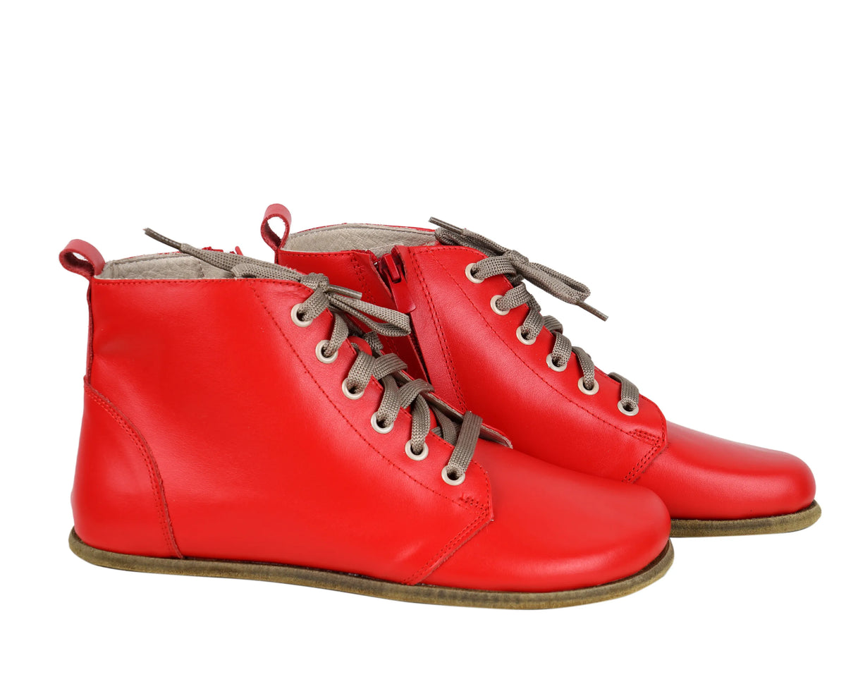 Smooth Barefoot Laces Short Boots Shoes – Classic Sole — Leather Sole – Red