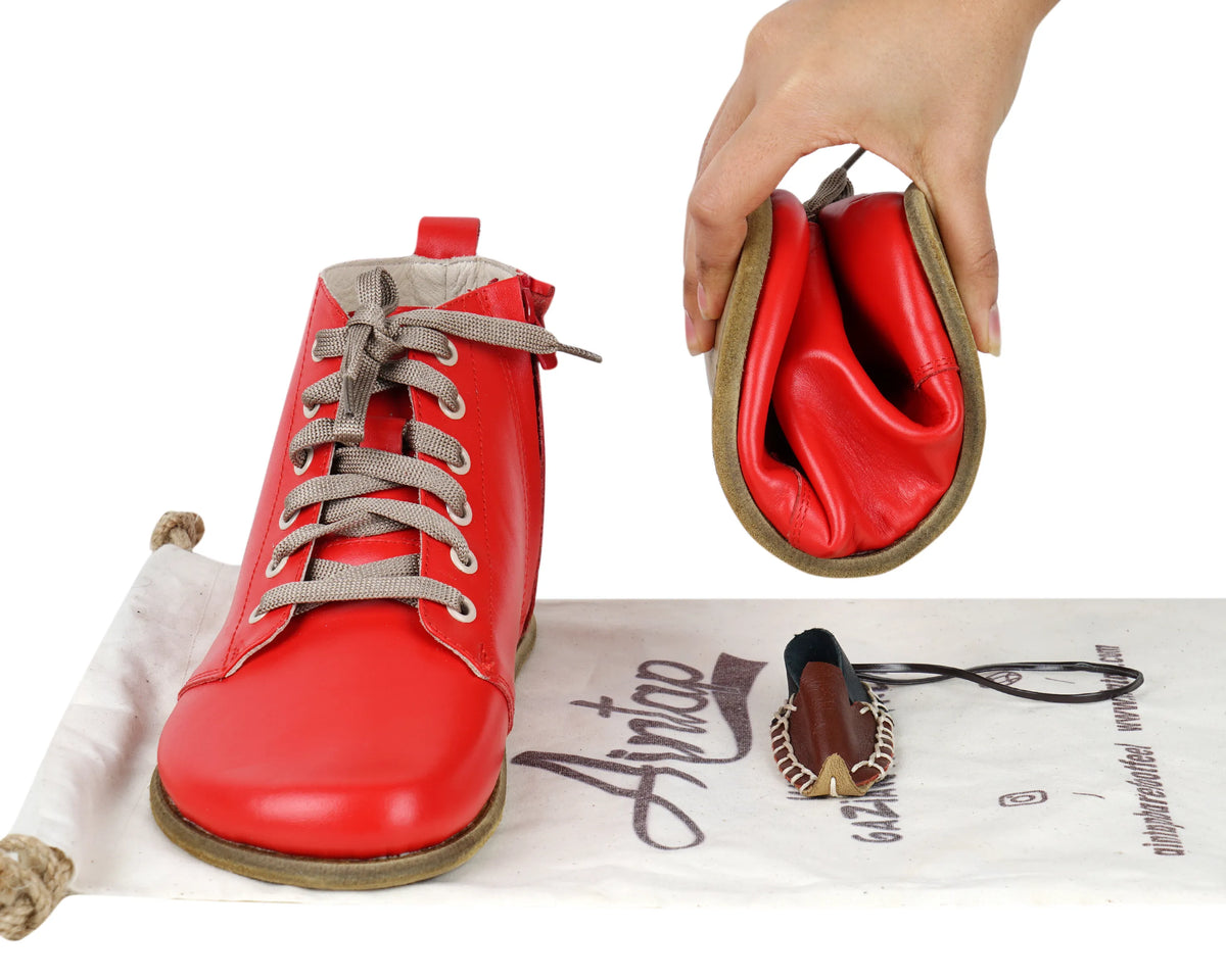 Smooth Barefoot Laces Short Boots Shoes – Classic Sole — Leather Sole – Red