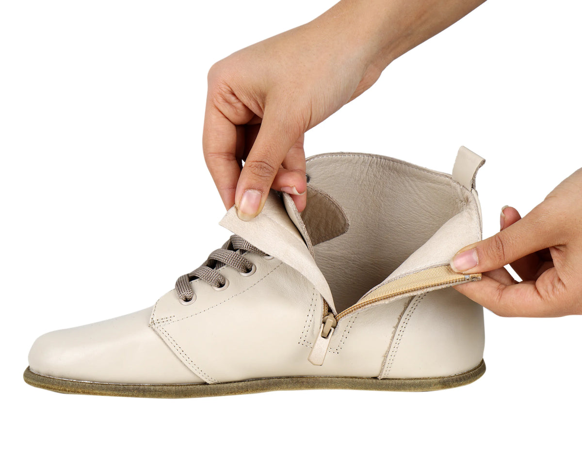 Smooth Barefoot Laces Short Boots Shoes – Classic Sole — Leather Sole – Cream
