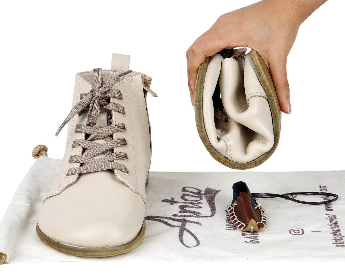 Smooth Barefoot Laces Short Boots Shoes – Classic Sole — Leather Sole – Cream