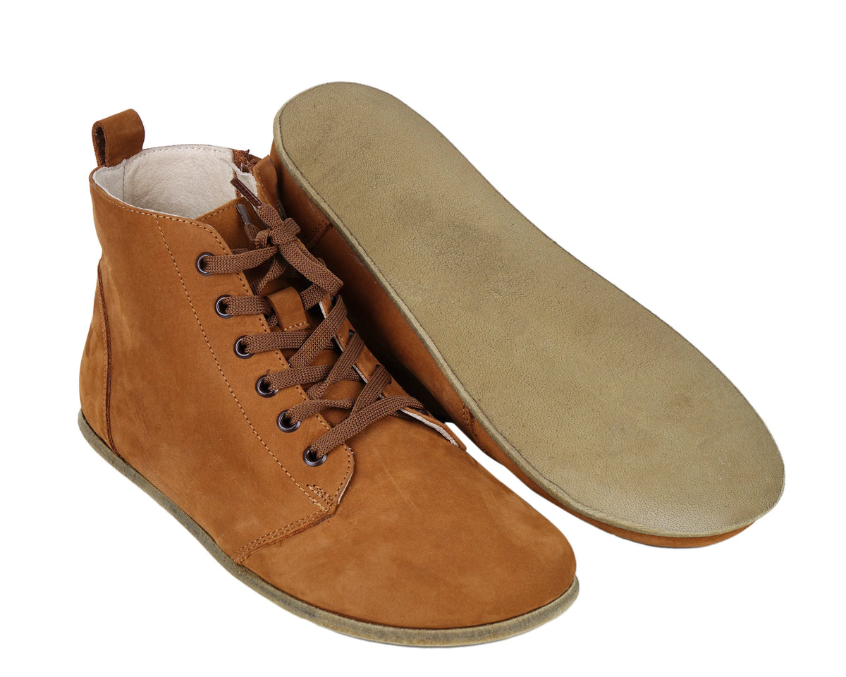 Nubuck Barefoot Laces Short Boots Shoes – Classic Sole — Leather Sole – Tan