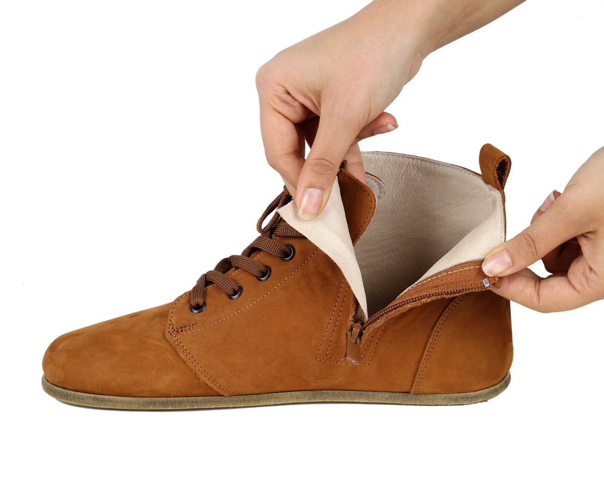 Nubuck Barefoot Laces Short Boots Shoes – Classic Sole — Leather Sole – Tan