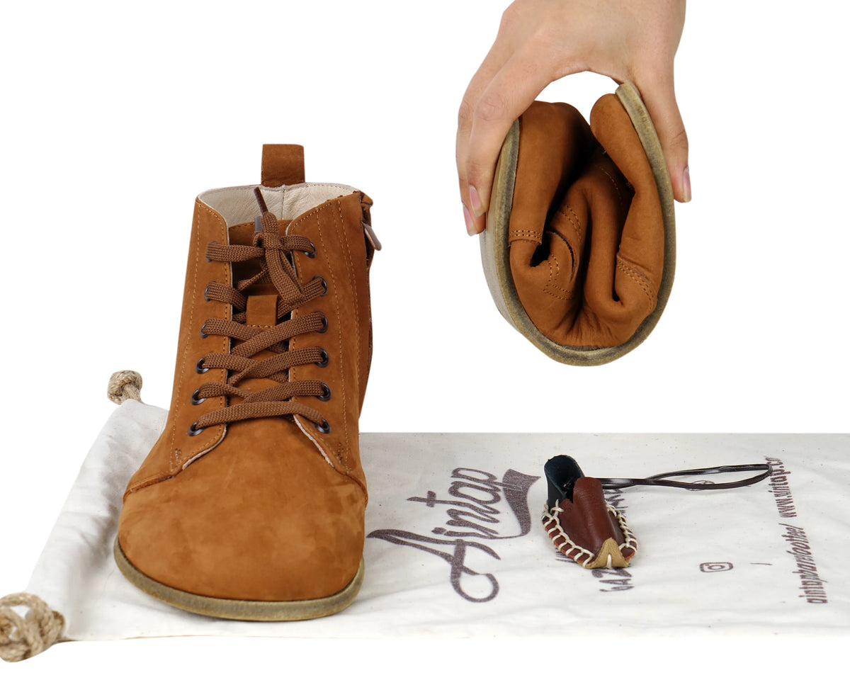 Nubuck Barefoot Laces Short Boots Shoes – Classic Sole — Leather Sole – Tan
