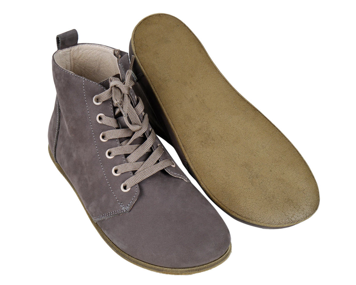 Nubuck Barefoot Laces Short Boots Shoes – Classic Sole — Leather Sole – Gray