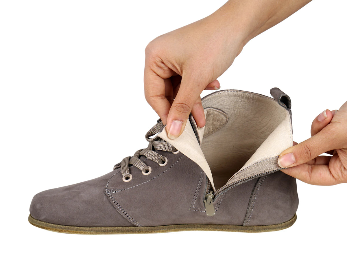 Nubuck Barefoot Laces Short Boots Shoes – Classic Sole — Leather Sole – Gray
