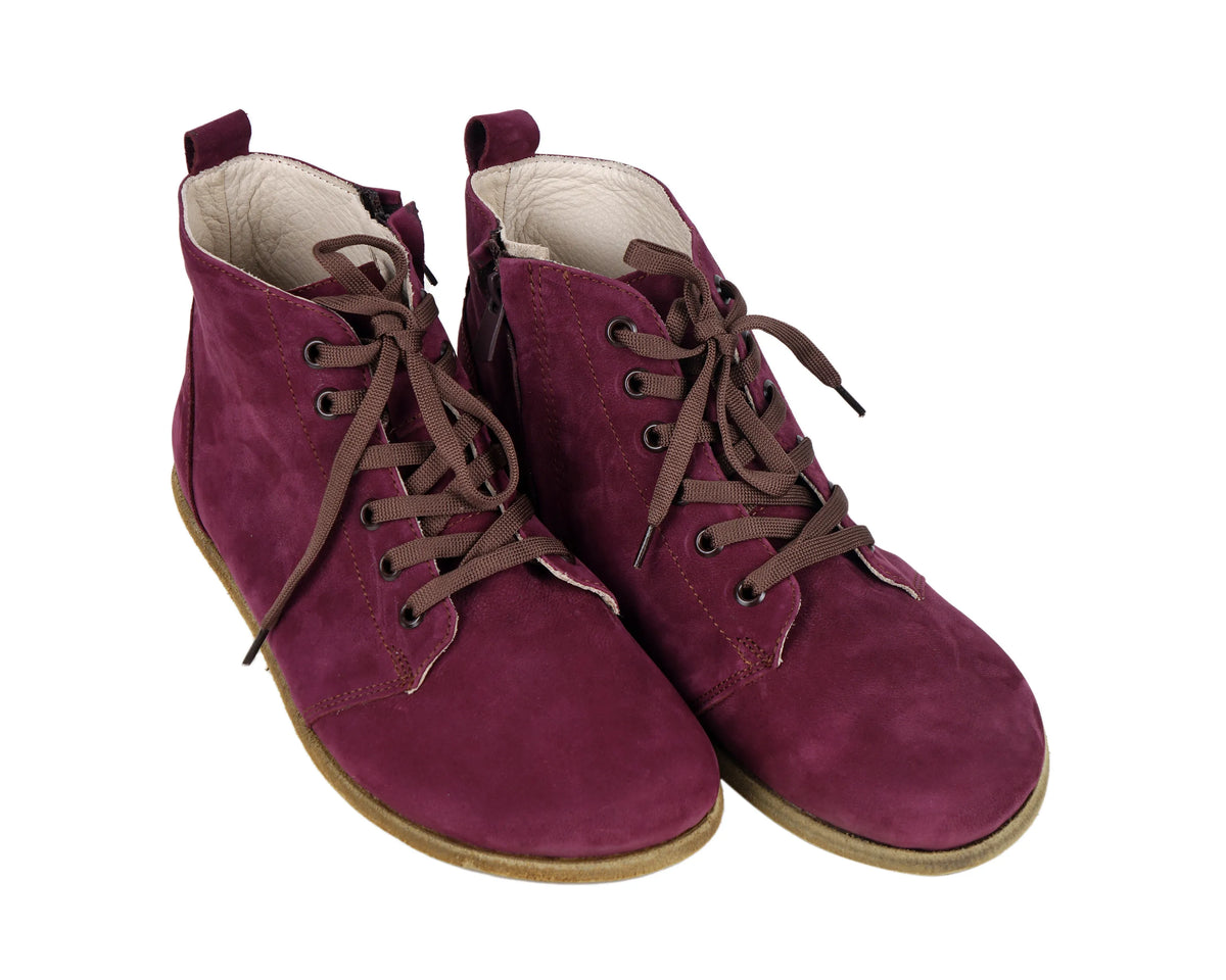 Nubuck Barefoot Laces Short Boots Shoes – Classic Sole — Leather Sole – Burgundy