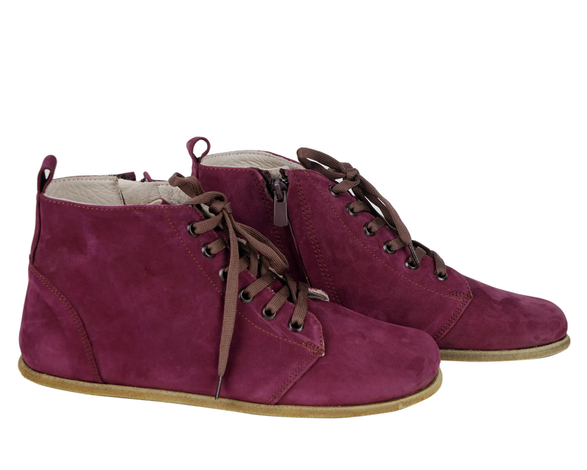 Nubuck Barefoot Laces Short Boots Shoes – Classic Sole — Leather Sole – Burgundy