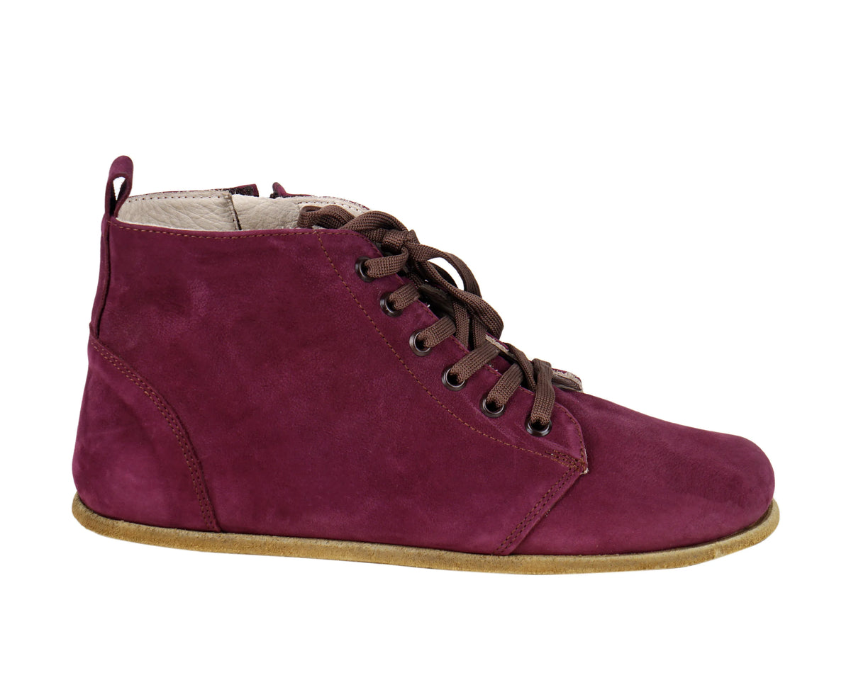 Nubuck Barefoot Laces Short Boots Shoes – Classic Sole — Leather Sole – Burgundy