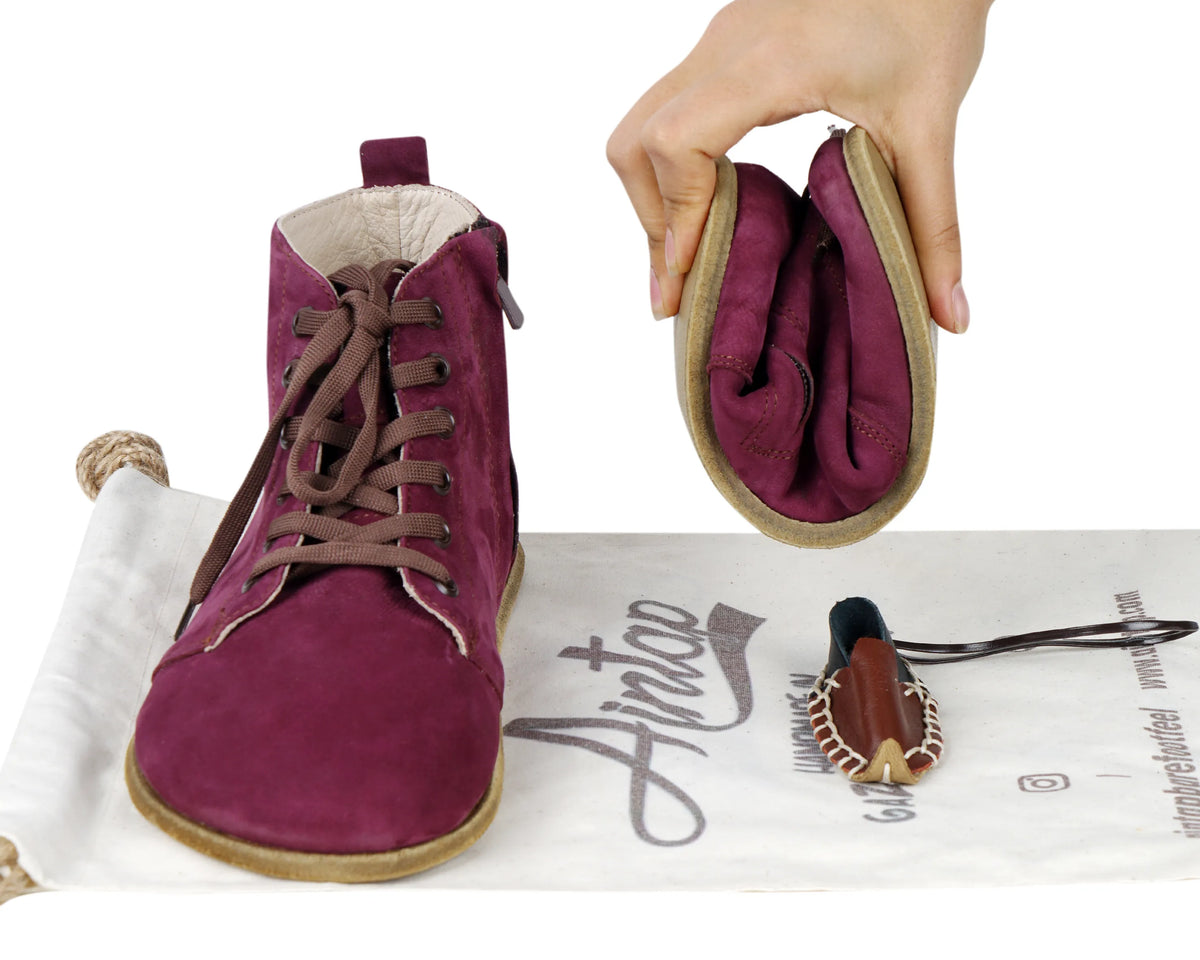 Nubuck Barefoot Laces Short Boots Shoes – Classic Sole — Leather Sole – Burgundy