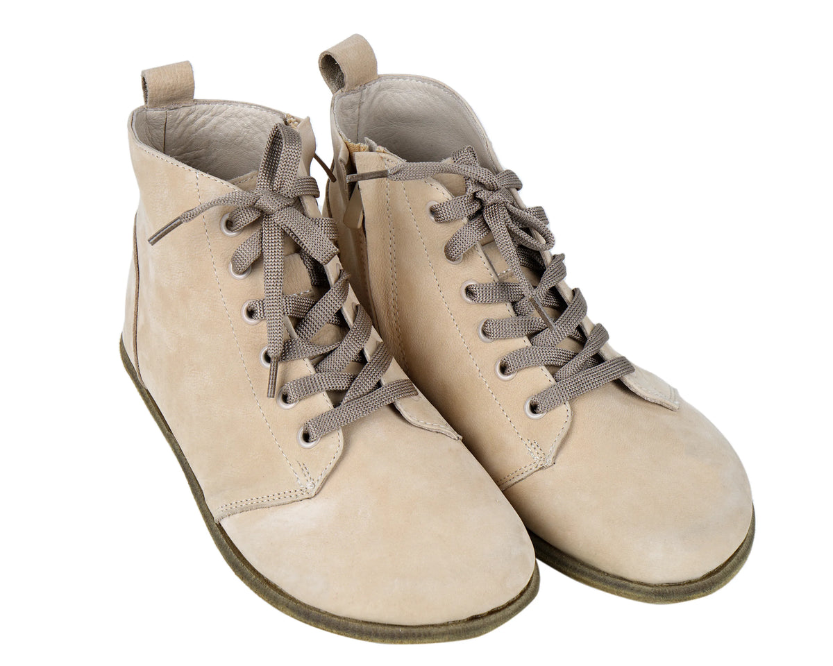 Nubuck Barefoot Laces Short Boots Shoes – Classic Sole — Leather Sole – Cream