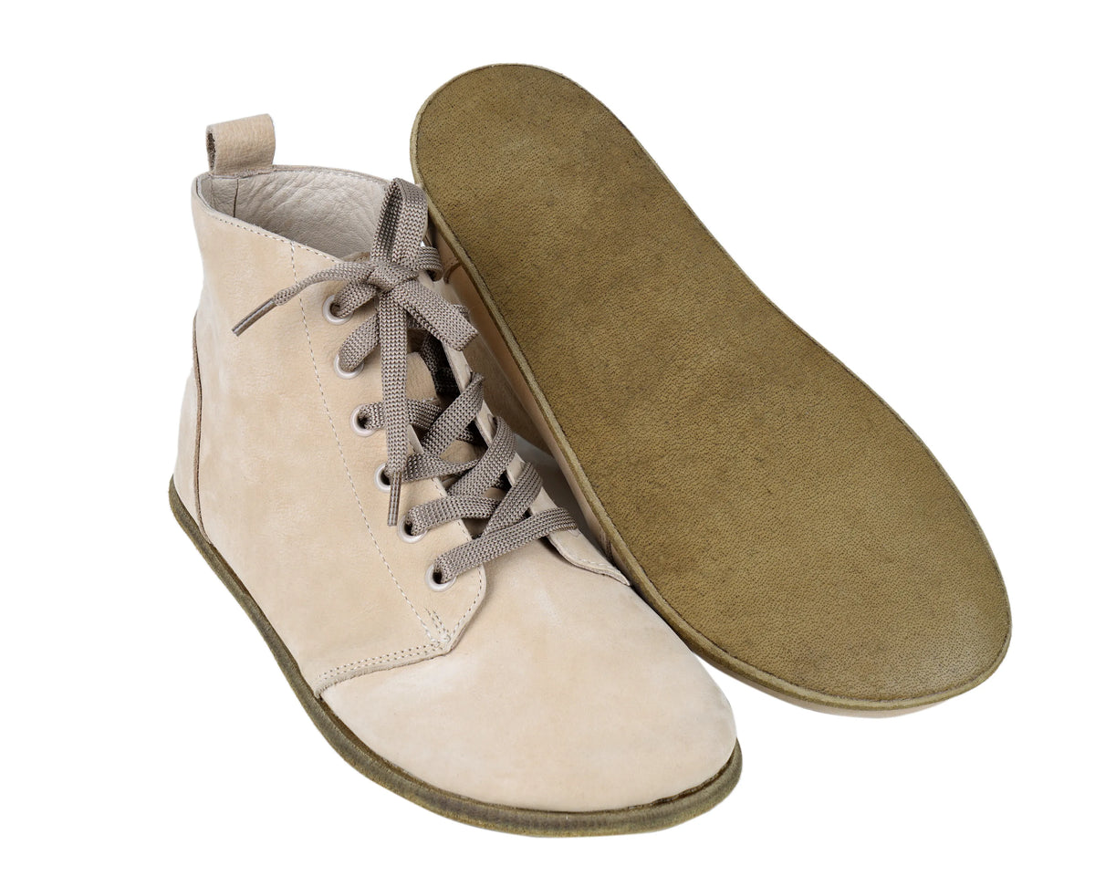 Nubuck Barefoot Laces Short Boots Shoes – Classic Sole — Leather Sole – Cream