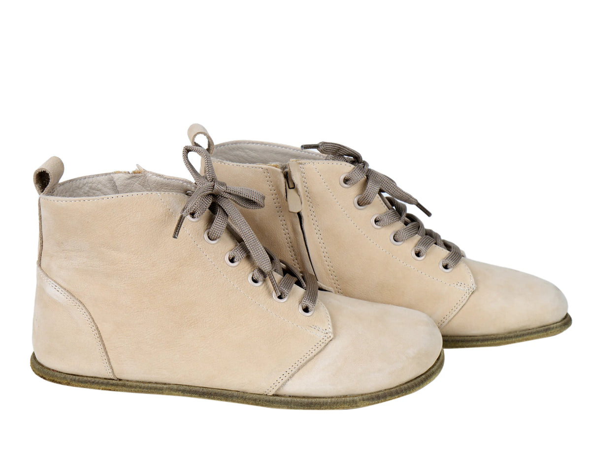 Nubuck Barefoot Laces Short Boots Shoes – Classic Sole — Leather Sole – Cream