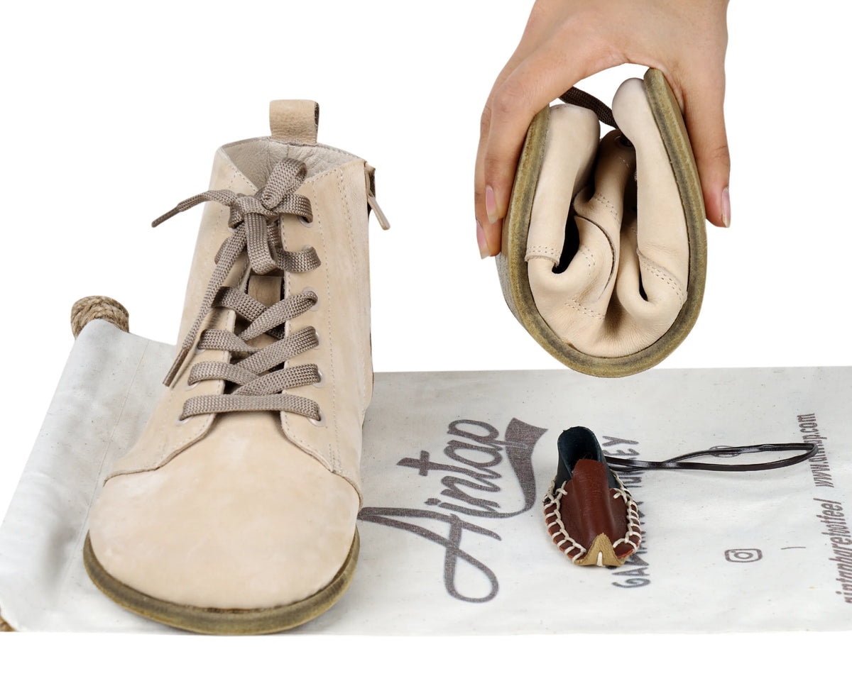 Nubuck Barefoot Laces Short Boots Shoes – Classic Sole — Leather Sole – Cream