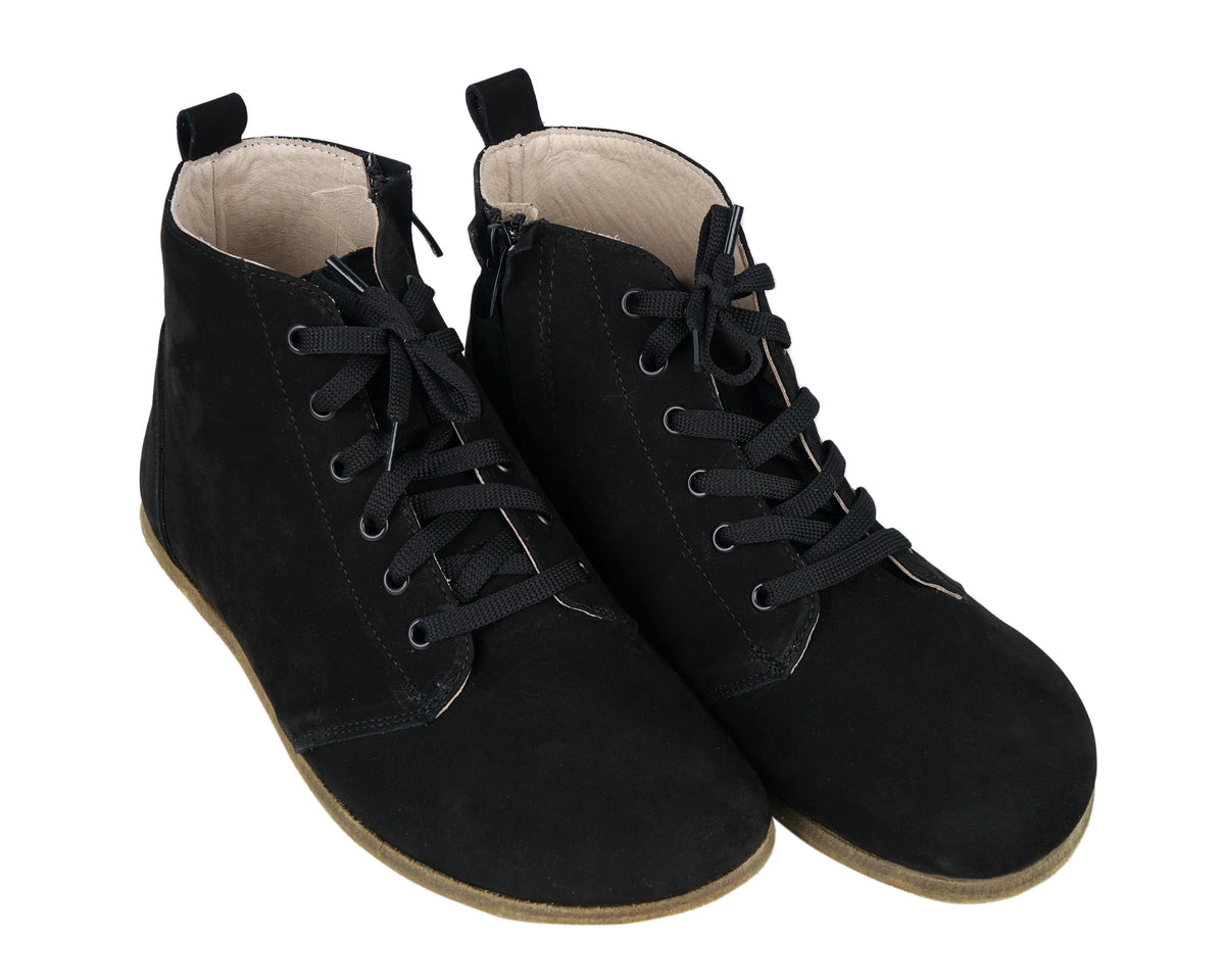 Nubuck Barefoot Laces Short Boots Shoes – Classic Sole — Leather Sole – Black