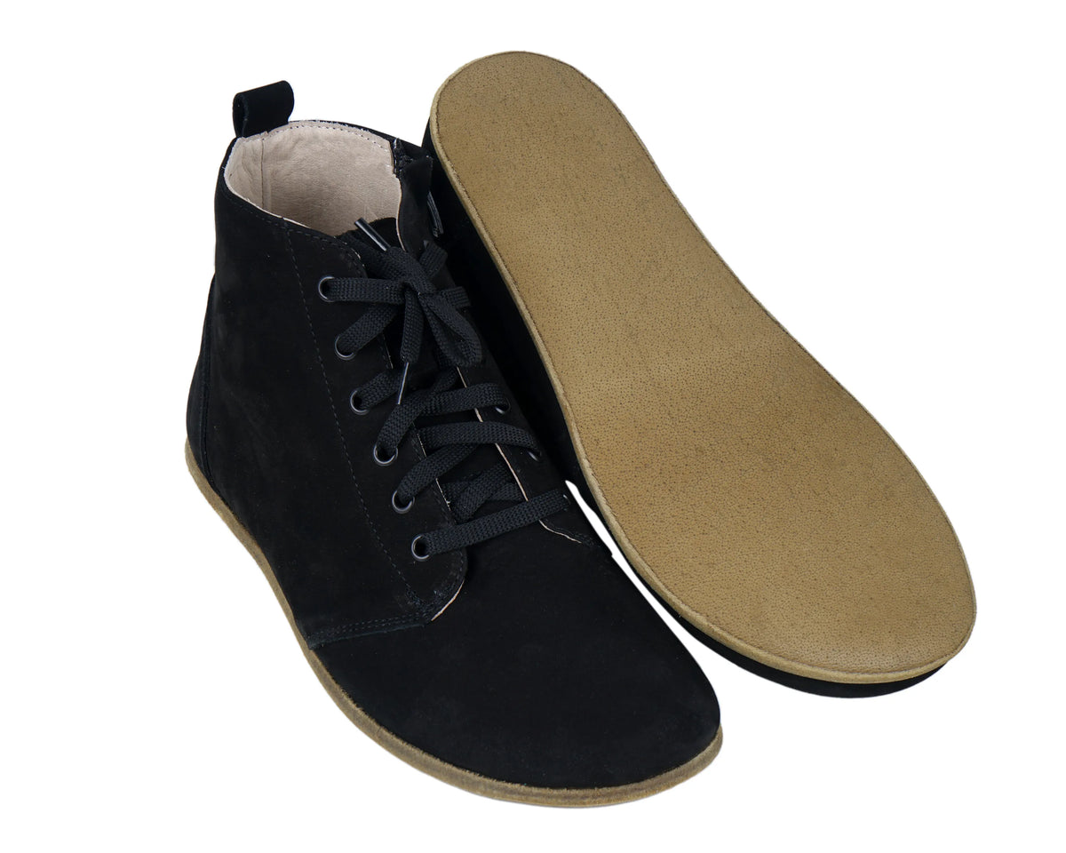 Nubuck Barefoot Laces Short Boots Shoes – Classic Sole — Leather Sole – Black