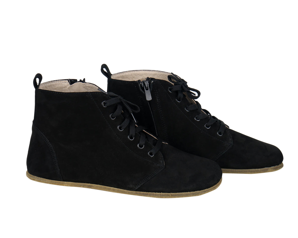 Nubuck Barefoot Laces Short Boots Shoes – Classic Sole — Leather Sole – Black