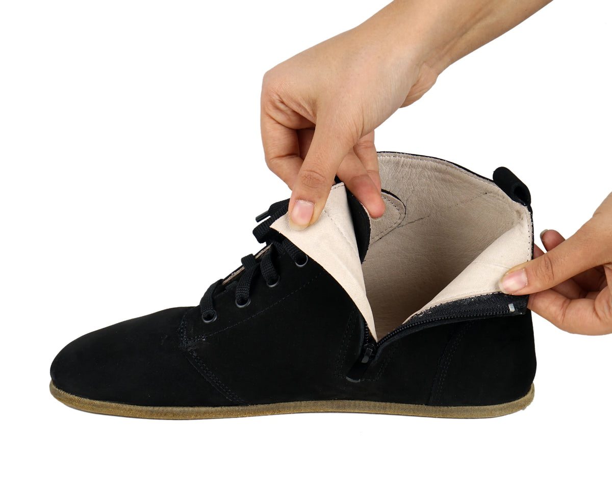 Nubuck Barefoot Laces Short Boots Shoes – Classic Sole — Leather Sole – Black